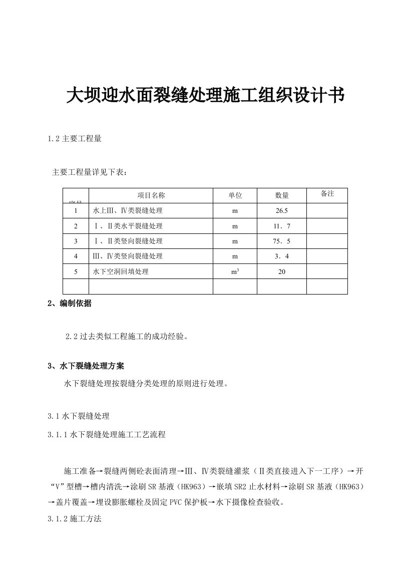 大坝迎水面裂缝处理施工组织设计书