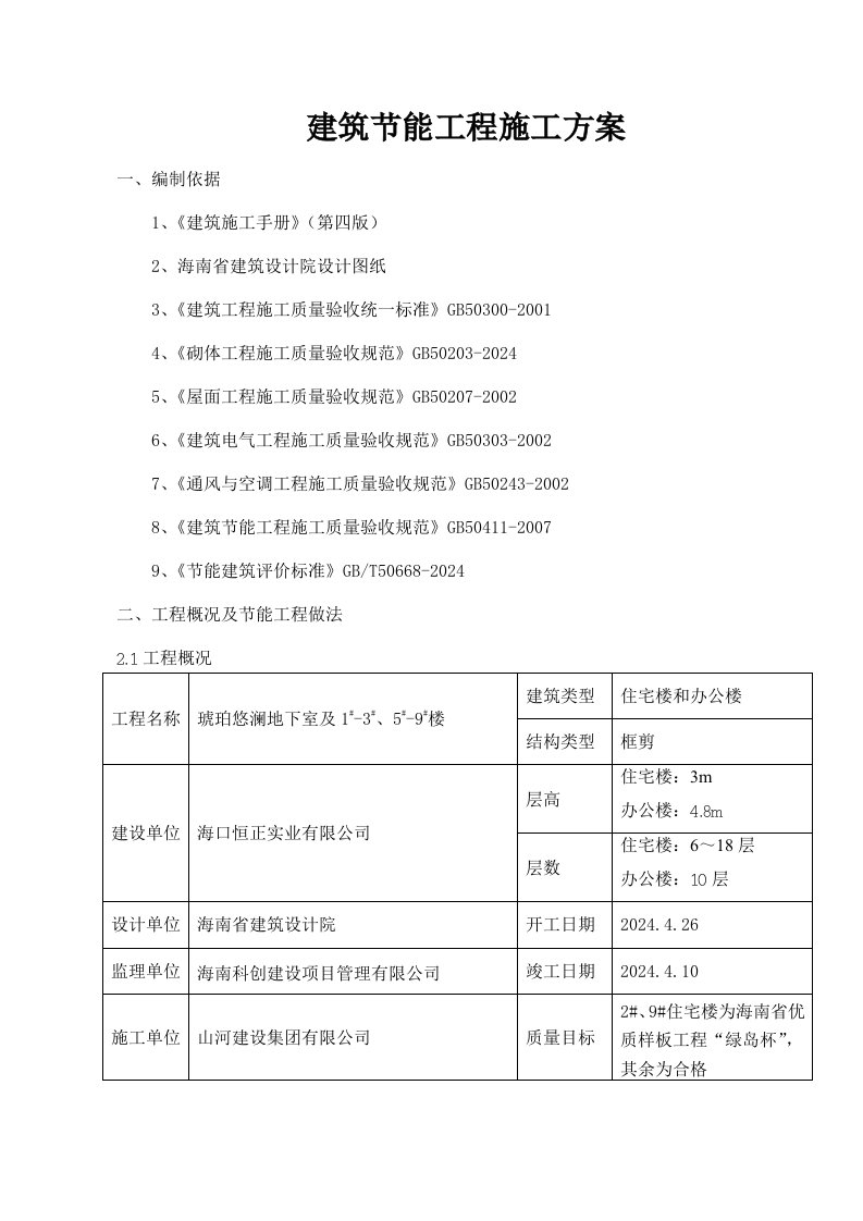 海南某住宅楼及办公楼工程节能工程施工方案