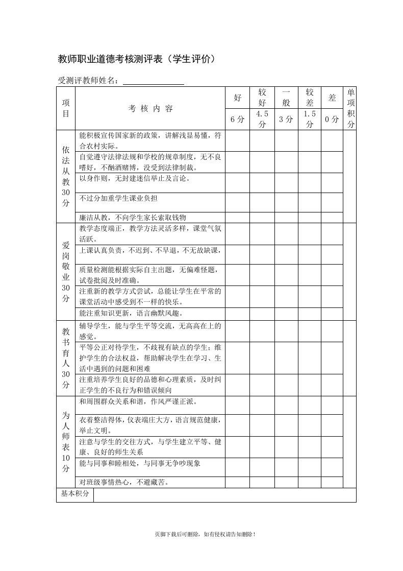 师德考核教师互评表-学生评价表