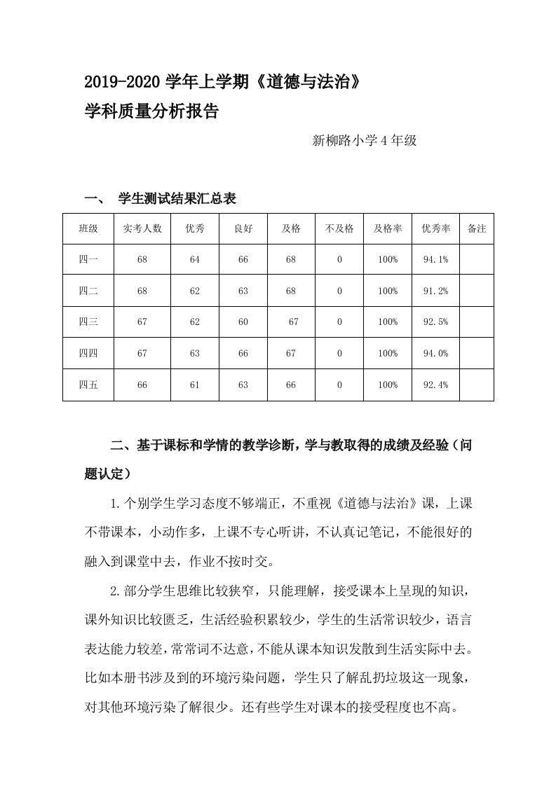 四年级《道德与法治》质量分析