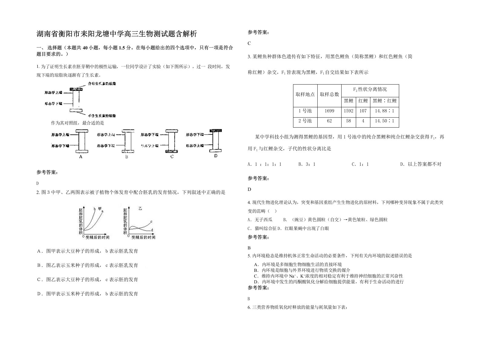 湖南省衡阳市耒阳龙塘中学高三生物测试题含解析