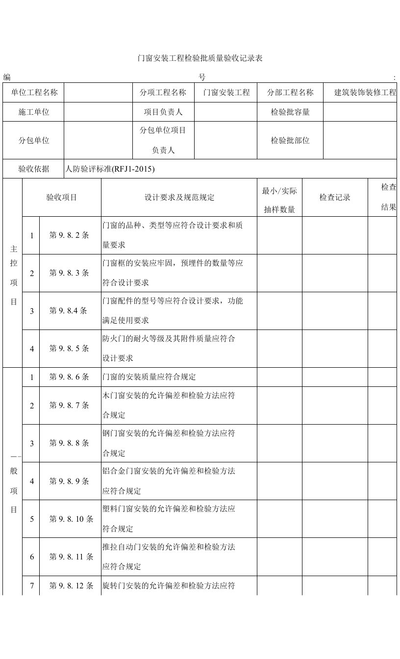 人防门窗安装工程检验批质量验收记录表