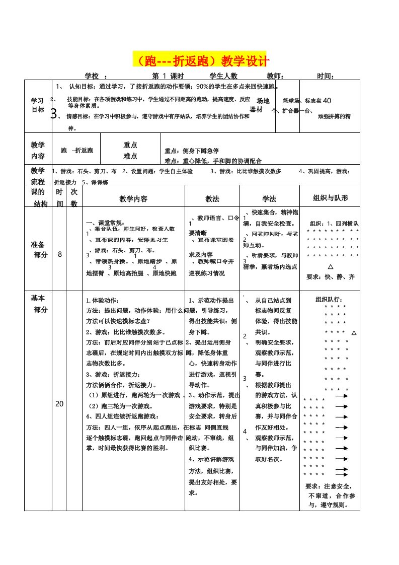 深圳优质课教案小学四年级体育折返跑教学设计