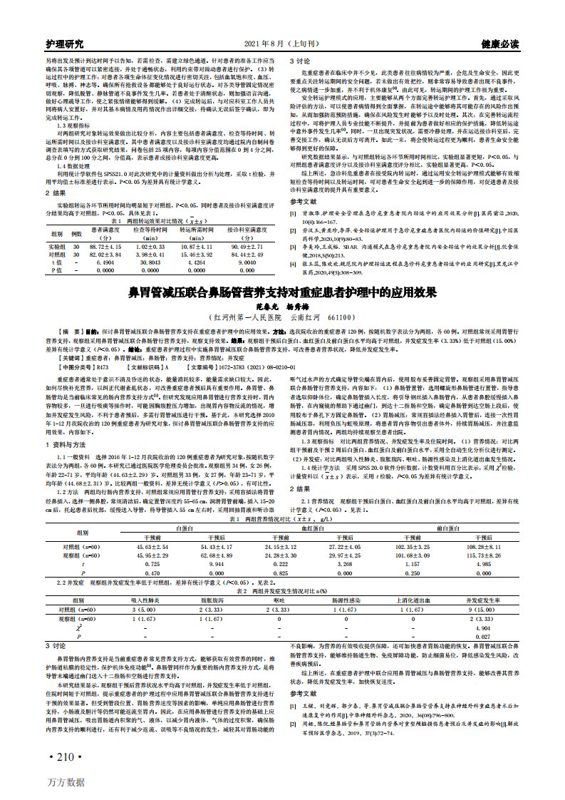 鼻胃管减压联合鼻肠管营养支持对重症患者护理中的应用效果