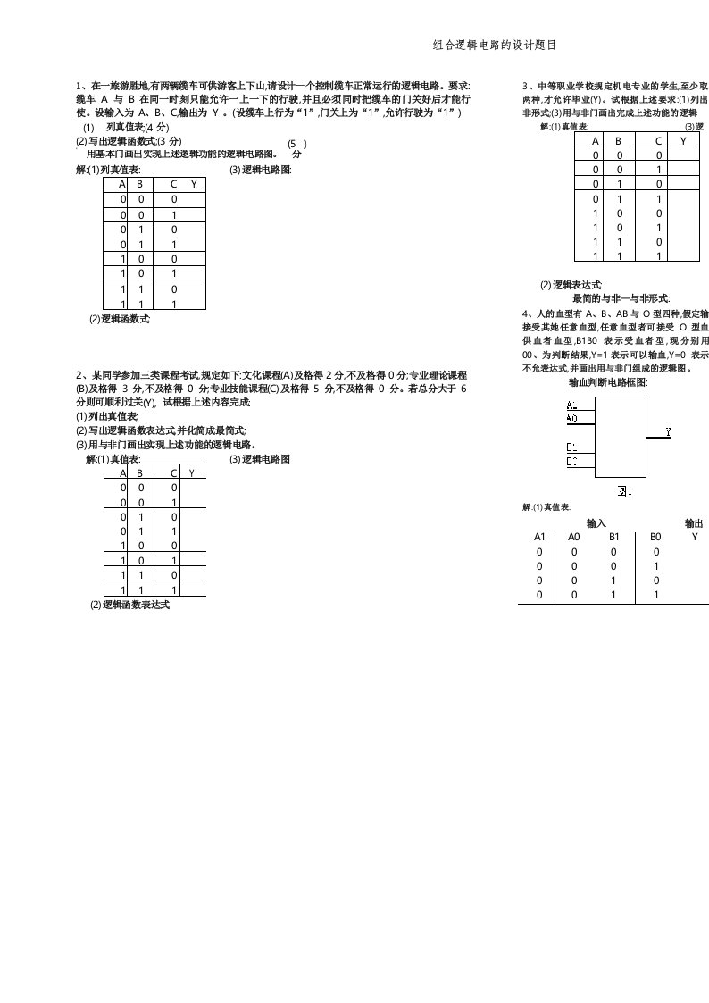 组合逻辑电路的设计题目