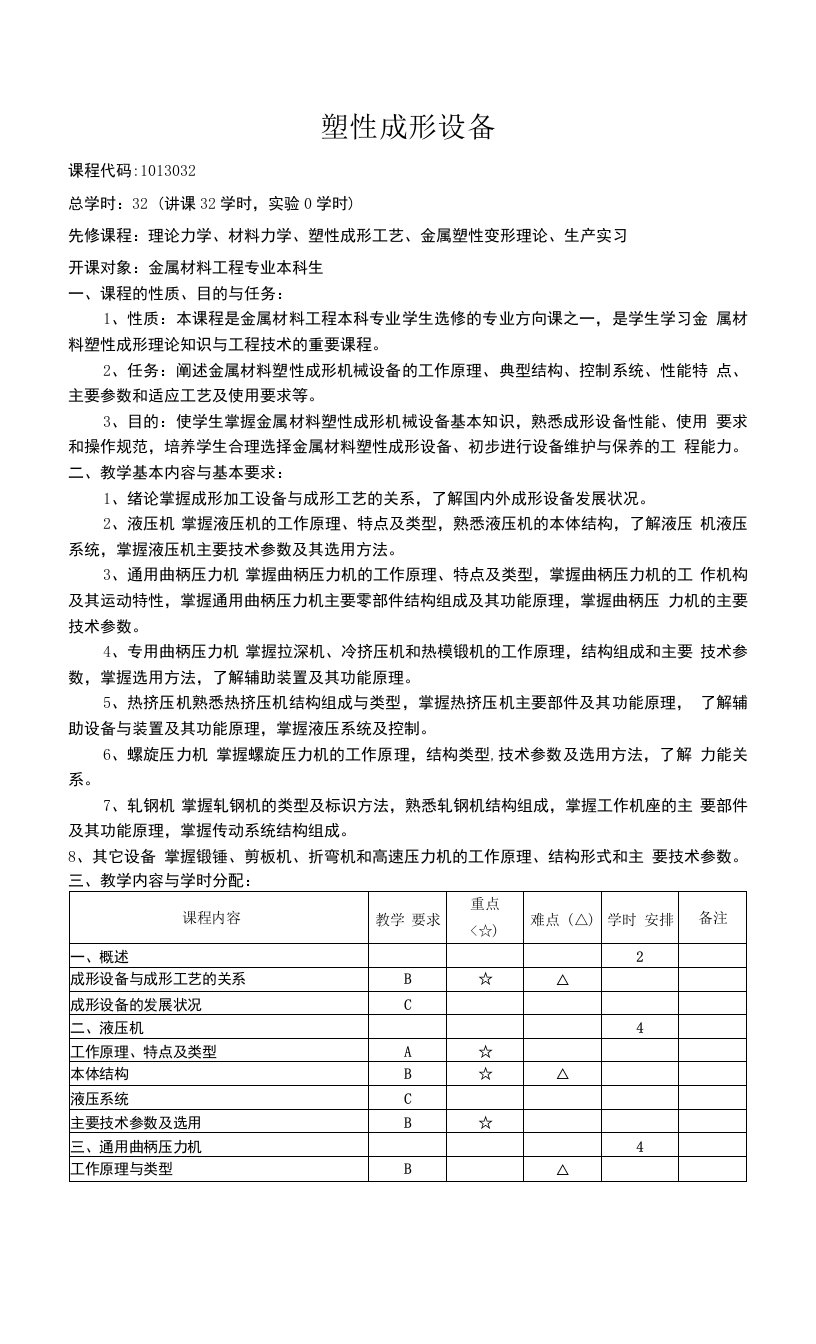 《塑性成形设备》课程教学大纲