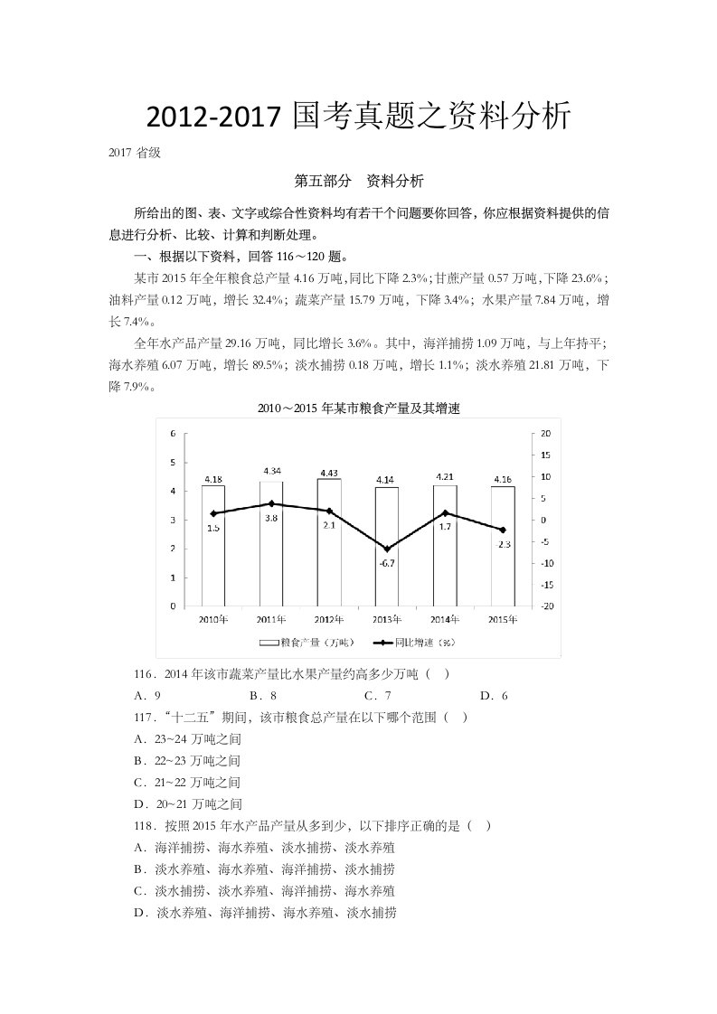 历年国家公务员考试资料分析真题及答案