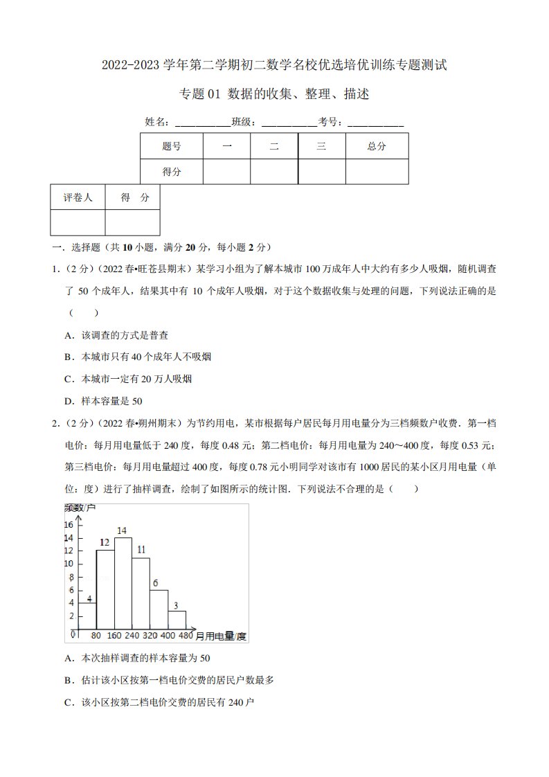 2022-2023学年第二学期初二数学名校优选培优训练专题01