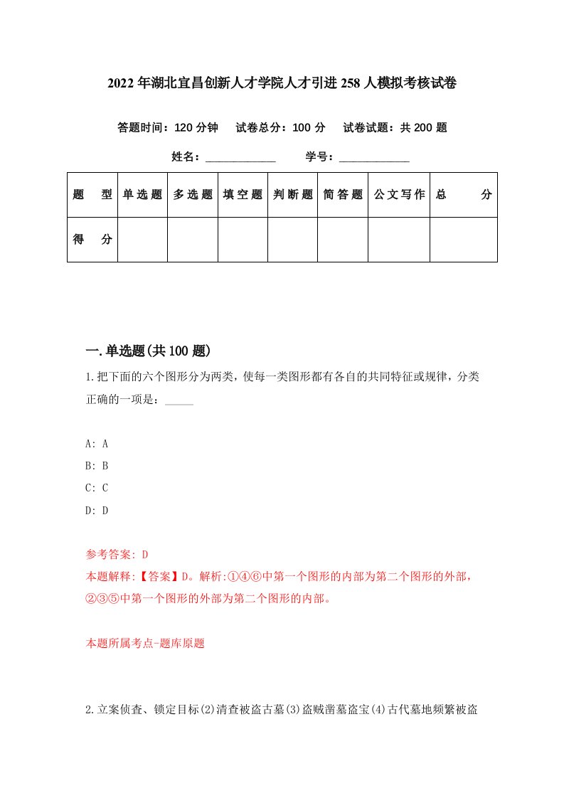 2022年湖北宜昌创新人才学院人才引进258人模拟考核试卷1