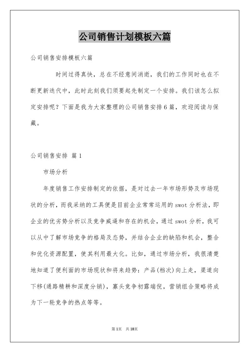 公司销售计划模板六篇范本