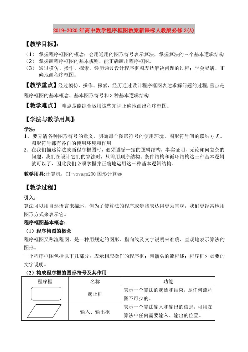 2019-2020年高中数学程序框图教案新课标人教版必修3(A)