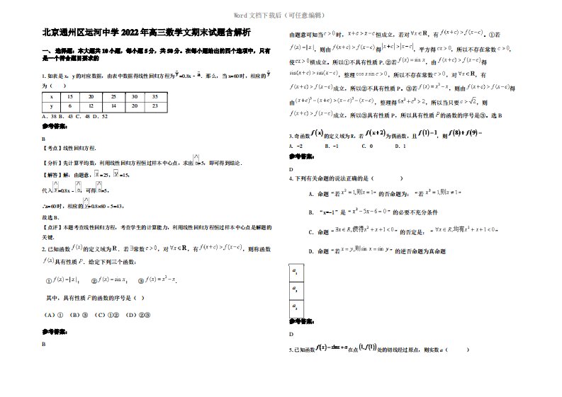 北京通州区运河中学2022年高三数学文期末试题含解析