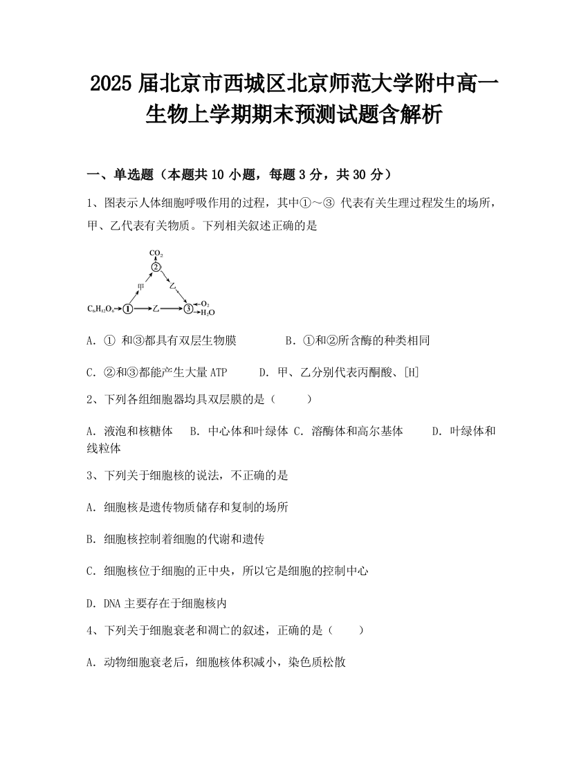 2025届北京市西城区北京师范大学附中高一生物上学期期末预测试题含解析