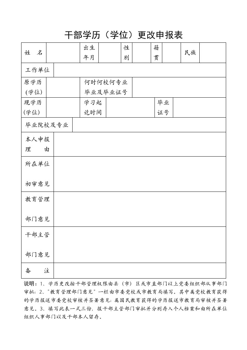 干部学历（学位）更改申报表