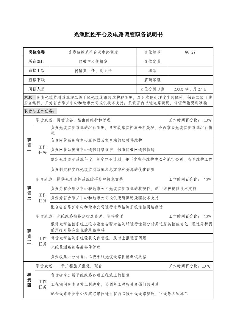 通信行业-通信行业网管中心传输室光缆监控平台及电路调度岗位说明书