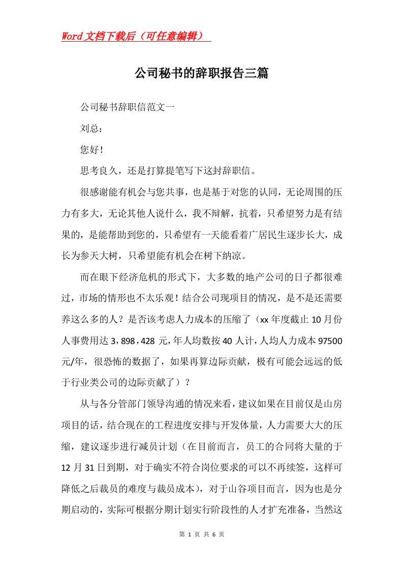 公司秘书的辞职报告三篇