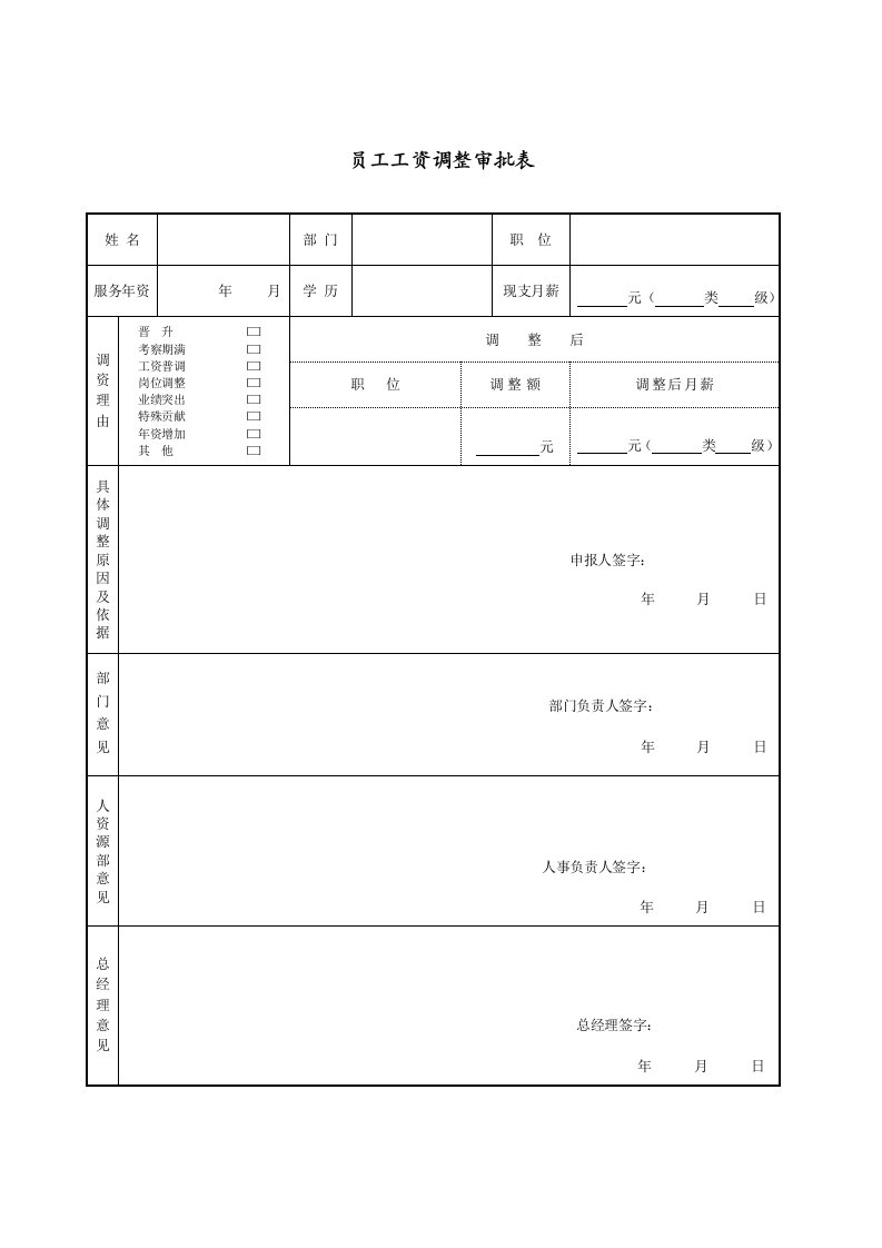 员工工资调整审批表