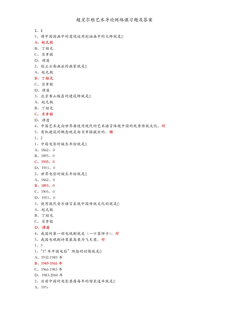 超星尔雅艺术导论网络课习题及答案