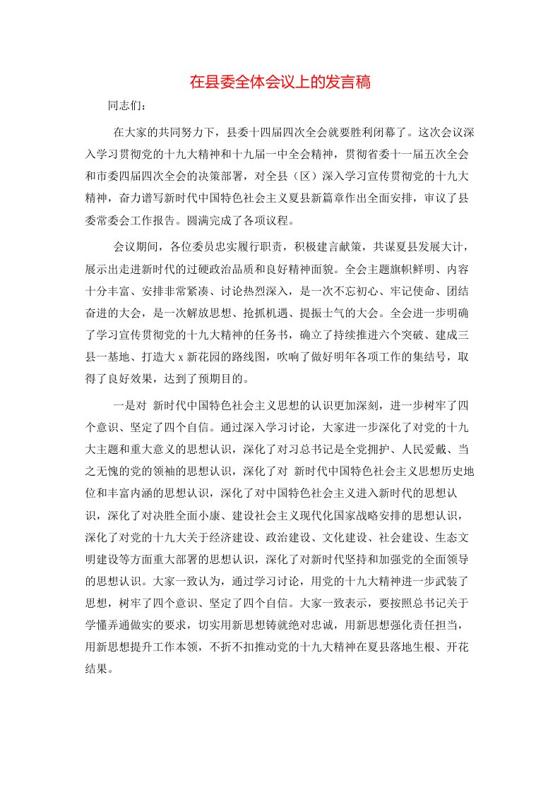 精选在县委全体会议上的发言稿