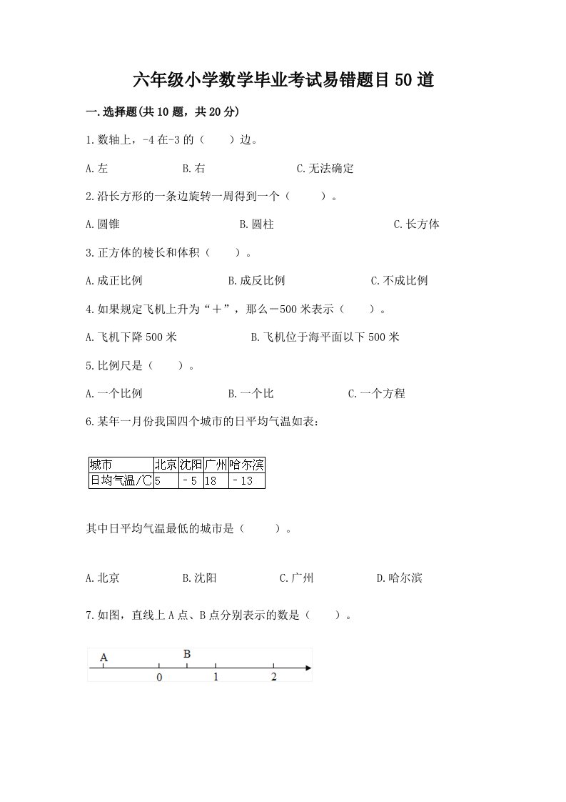 六年级小学数学毕业考试易错题目50道实验班