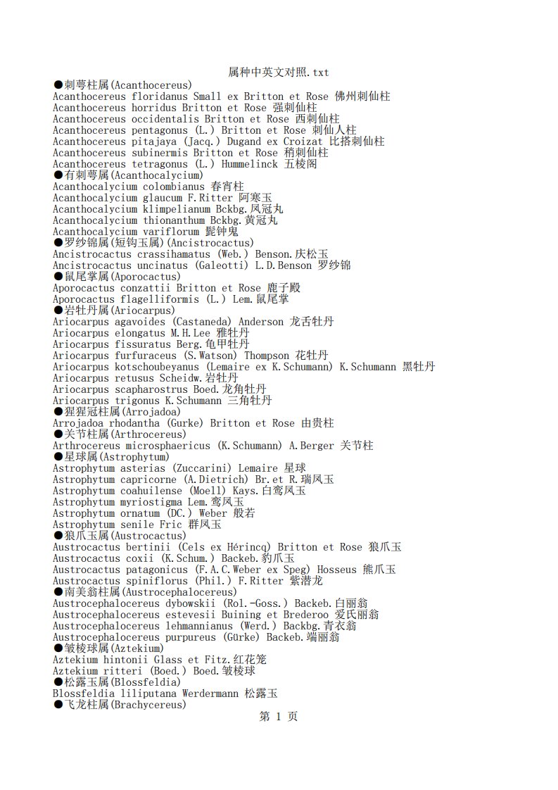 【仙人掌类属种中英文对照】文本