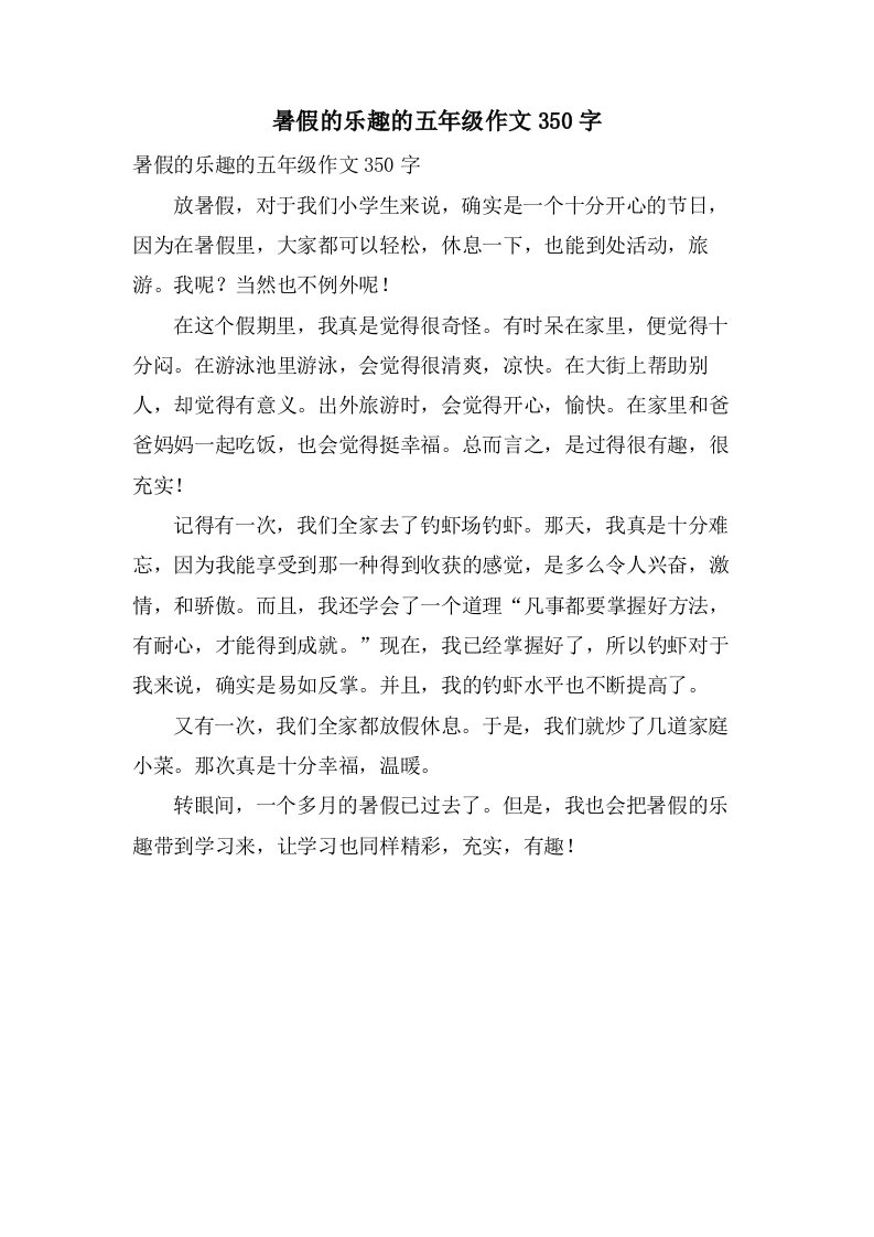 暑假的乐趣的五年级作文350字