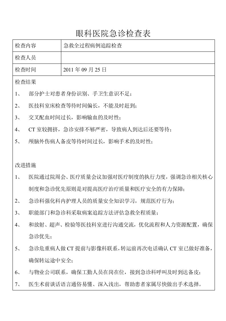 眼科医院急诊检查表