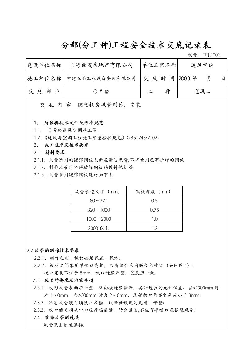 【管理精品】配电机房风管技术交底TFJ