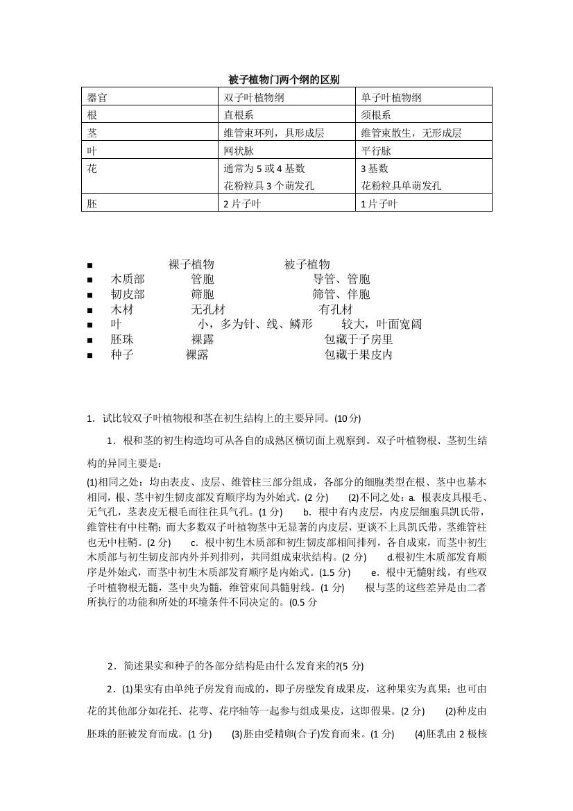 被子植物门两个纲的区别