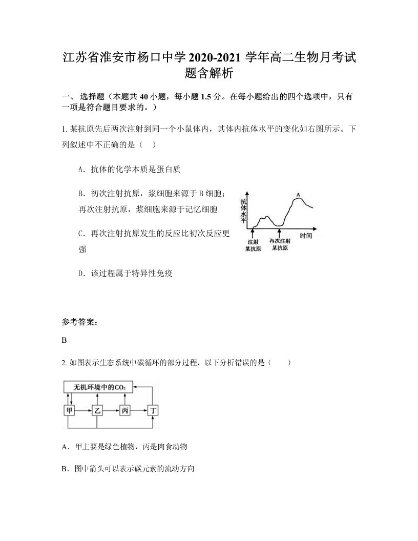 江苏省淮安市杨口中学2020-2021学年高二生物月考试题含解析