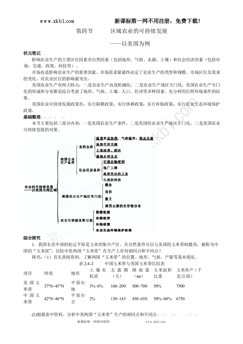 【小学中学教育精选】高二地理《2.4区域农业的可持续发展——以美国为例》教案