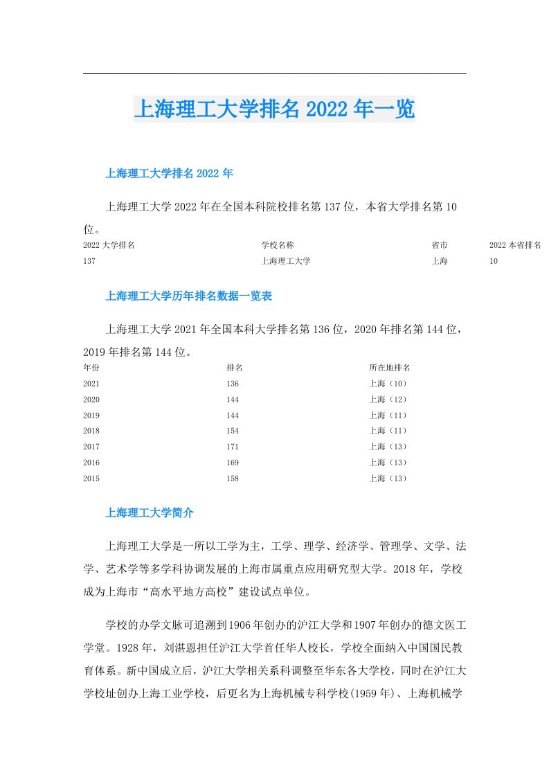 上海理工大学排名一览