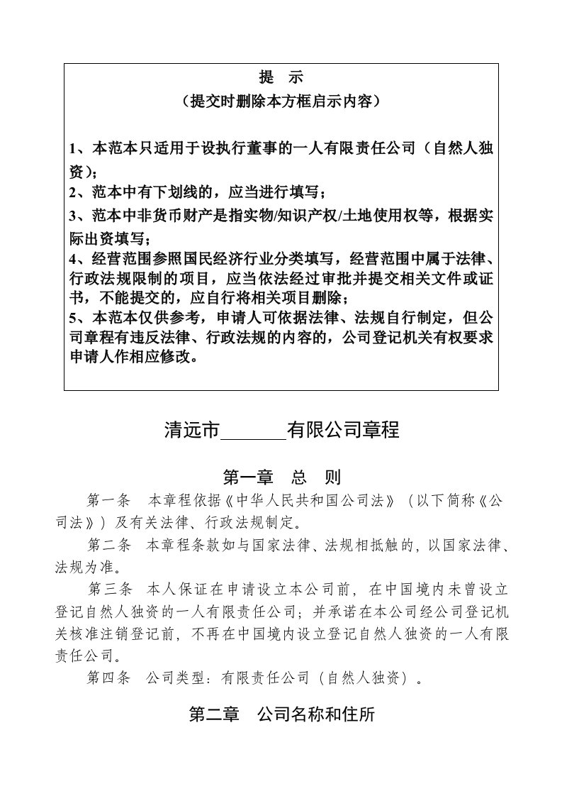 精选自然人独资公司章程参考范本适用于设执行董事