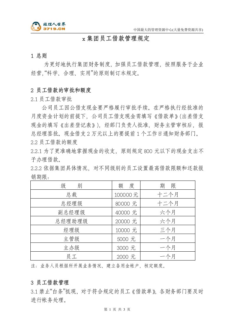 燃气公司-员工借款管理规定(doc)-石油化工