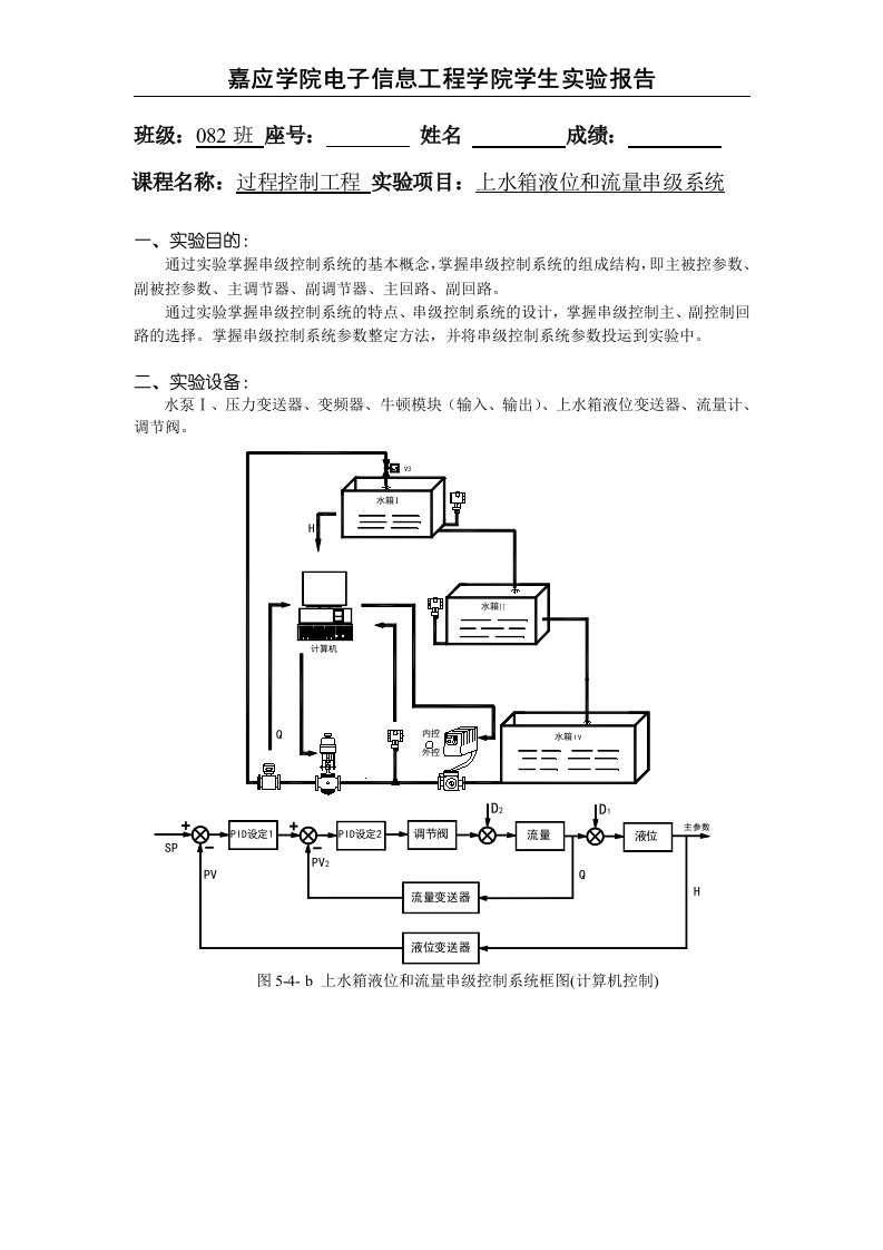 过程控制实验报告5(上水箱液位和流量串级系统)