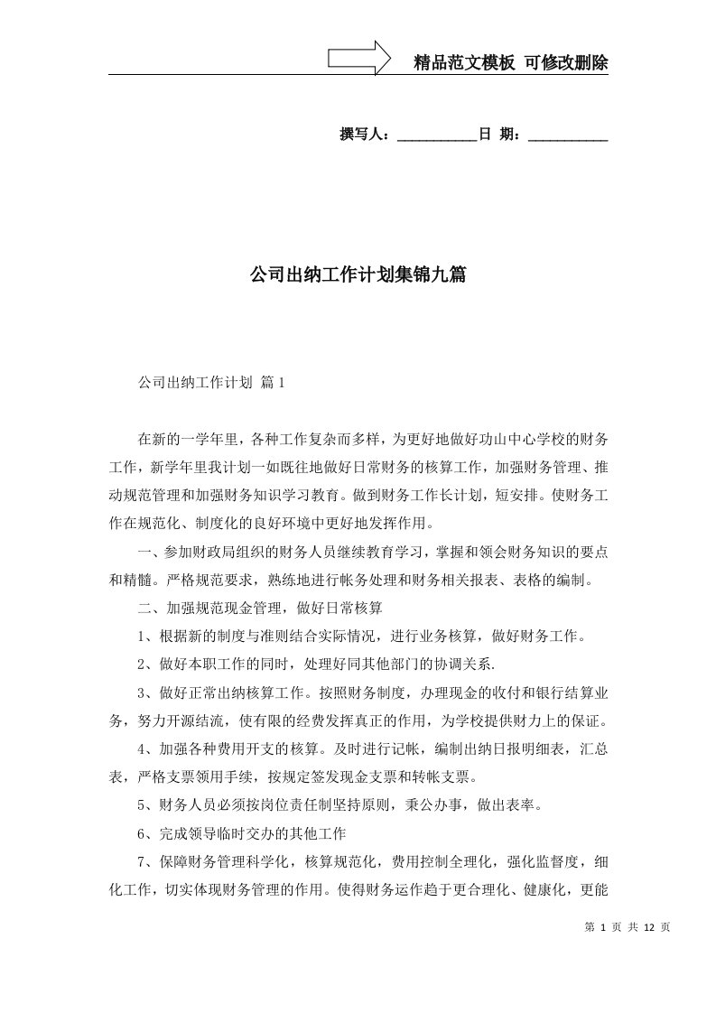 2022年公司出纳工作计划集锦九篇