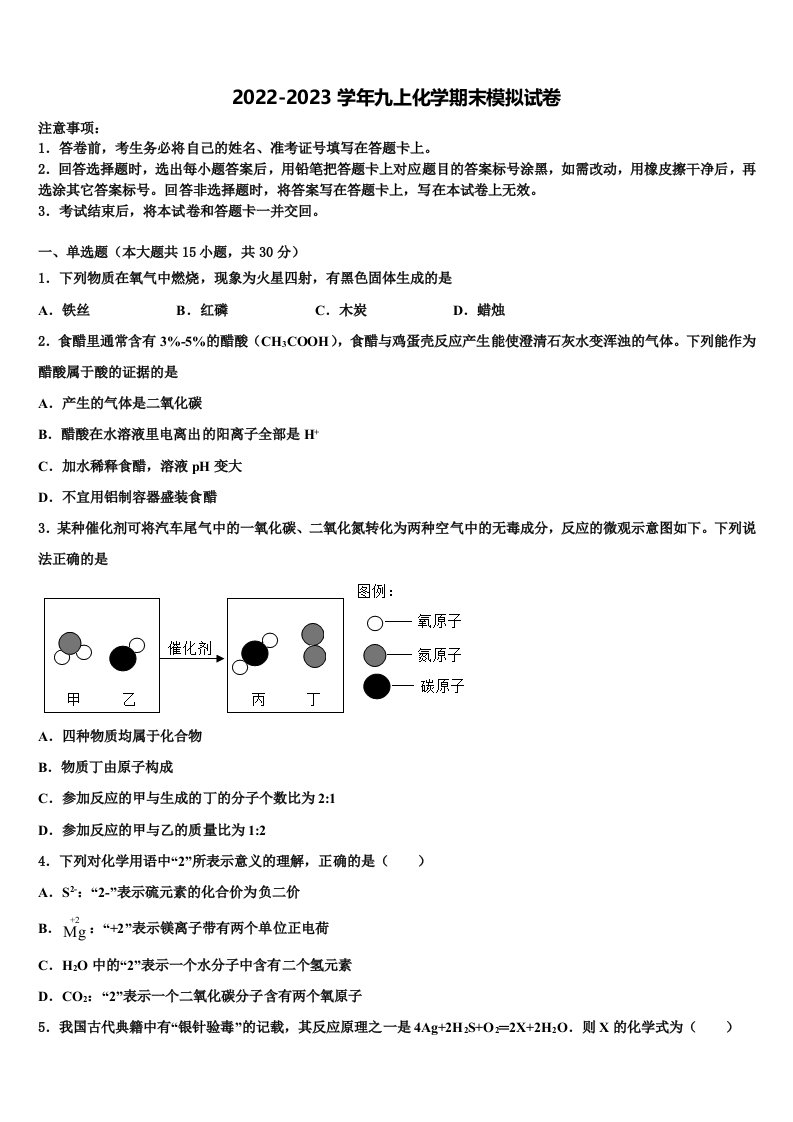 2023届山东省广饶经济开发区乐安中学化学九年级第一学期期末检测试题含解析