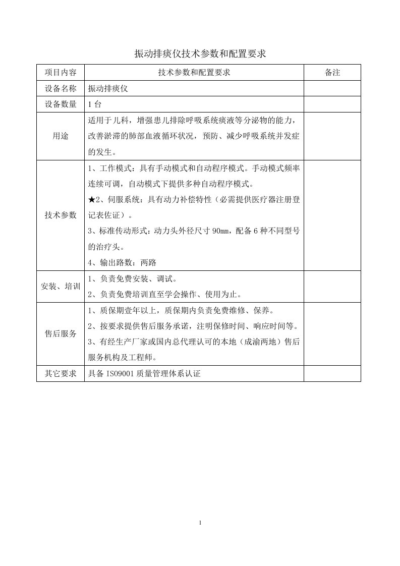 振动排痰仪技术参数和配置要求