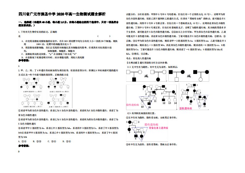 四川省广元市演圣中学2020年高一生物测试题含解析