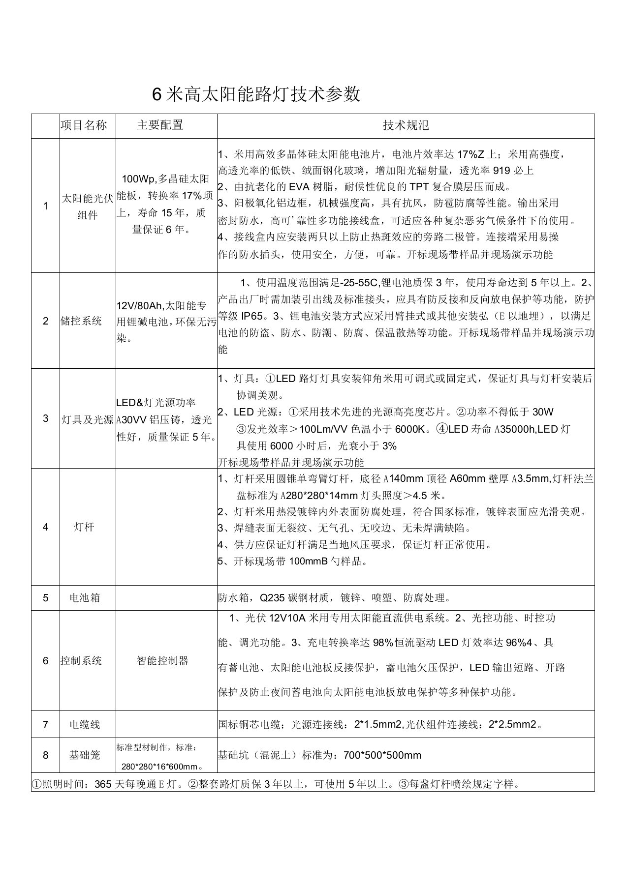 6米高太阳能路灯技术参数