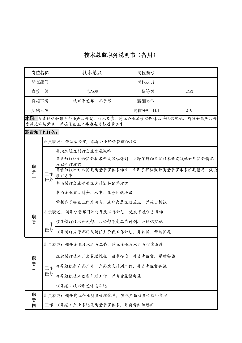 技术总监岗位职责模板样本