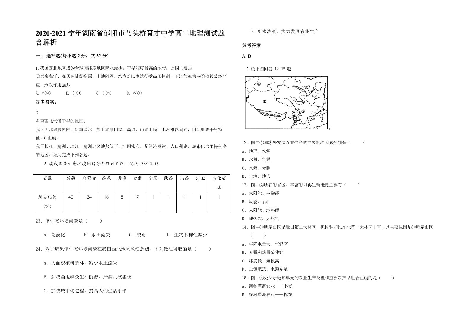 2020-2021学年湖南省邵阳市马头桥育才中学高二地理测试题含解析