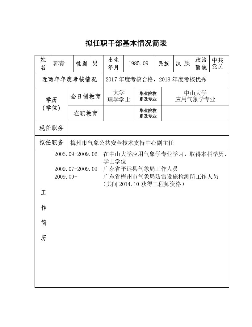 拟任职干部基本情况简表