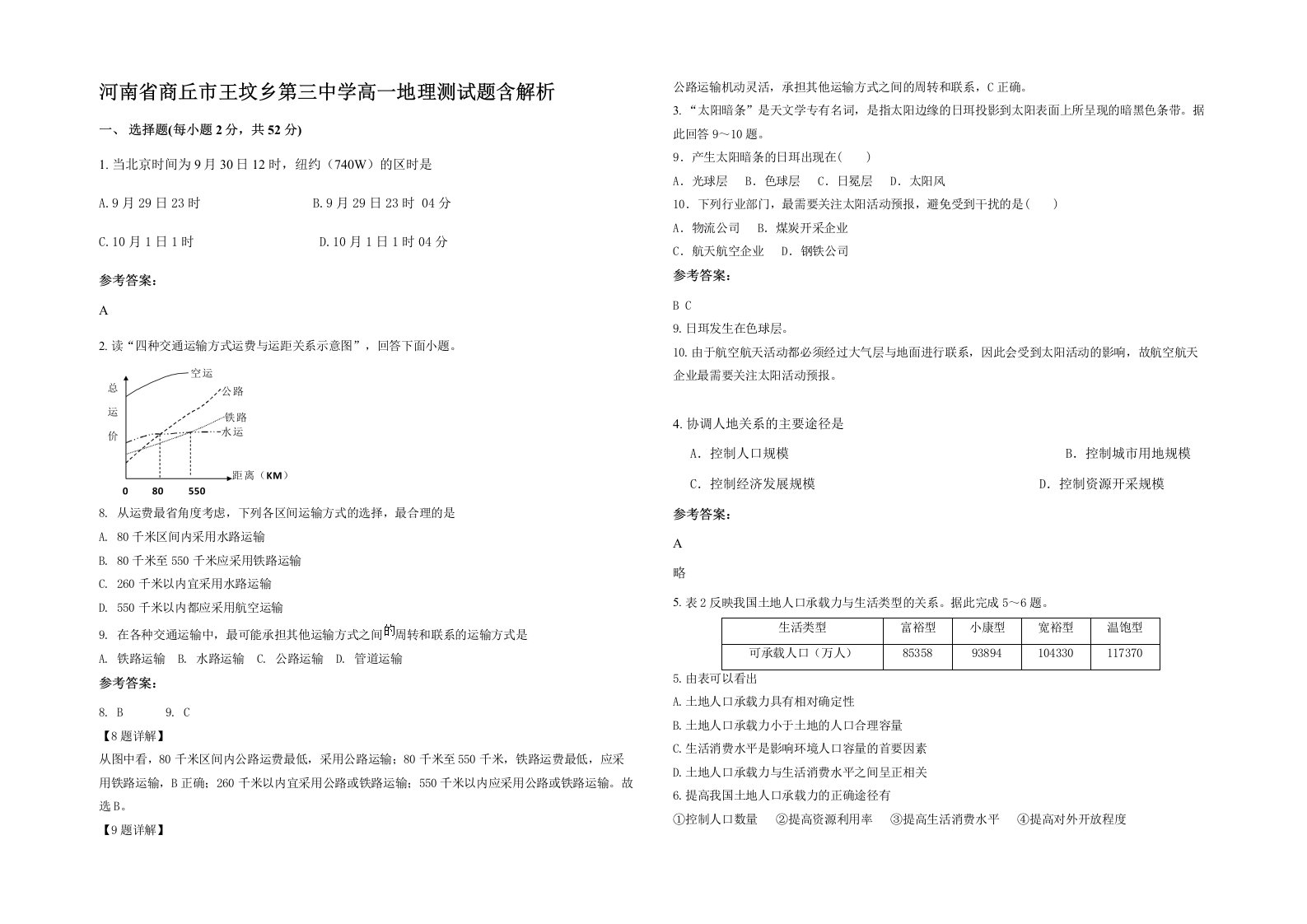 河南省商丘市王坟乡第三中学高一地理测试题含解析