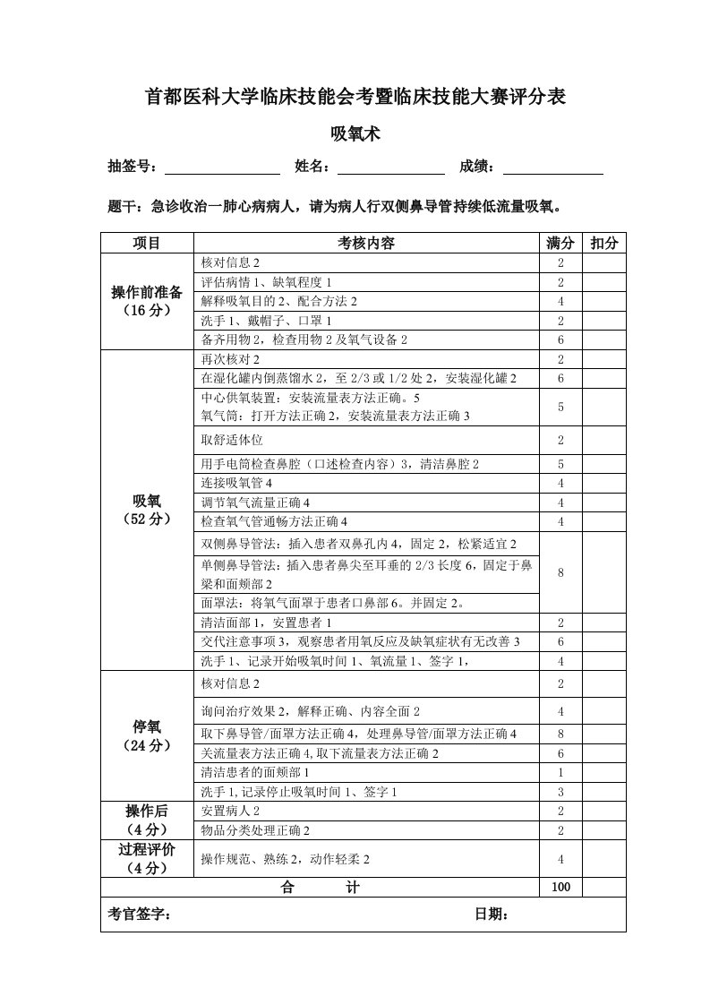 临床技能大赛评分表13.吸氧术