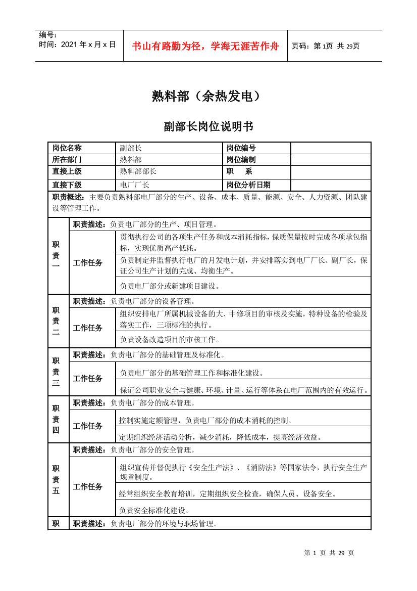 熟料部余热发电岗位说明书