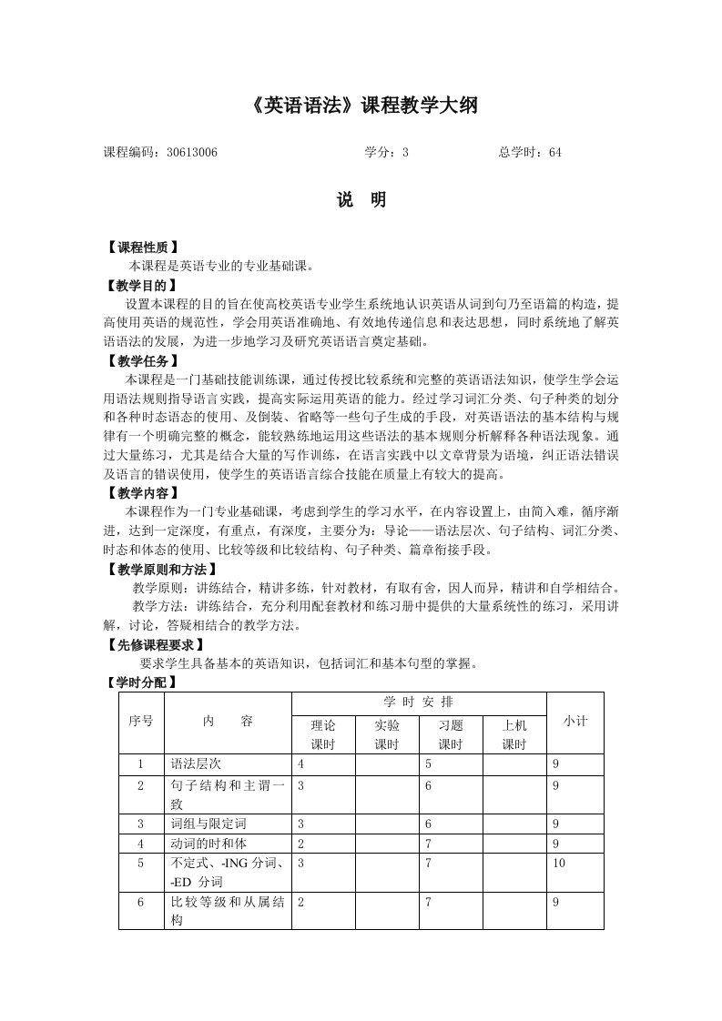 《英语语法》课程教学大纲