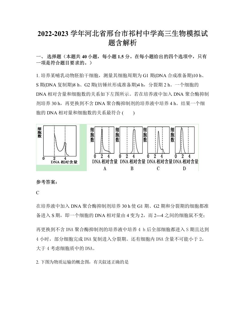 2022-2023学年河北省邢台市祁村中学高三生物模拟试题含解析