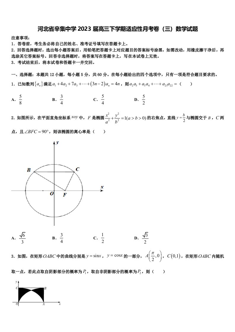 河北省辛集中学2023届高三下学期适应性月考卷（三）数学试题