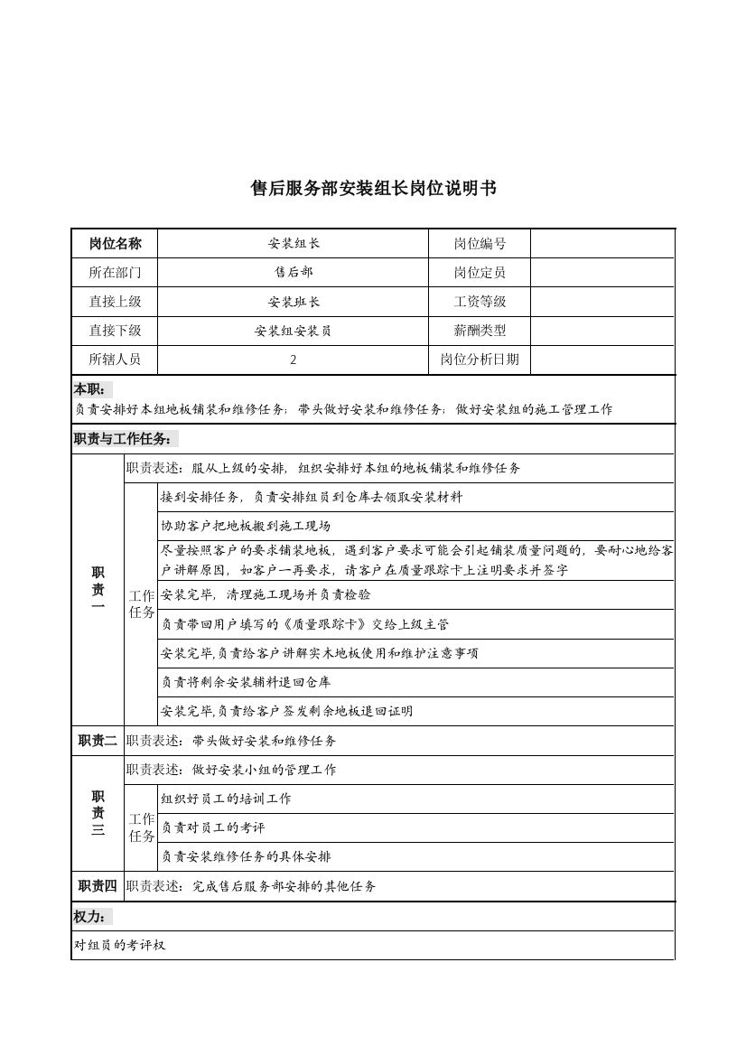 材料行业-售后服务部-安装组长岗位说明书